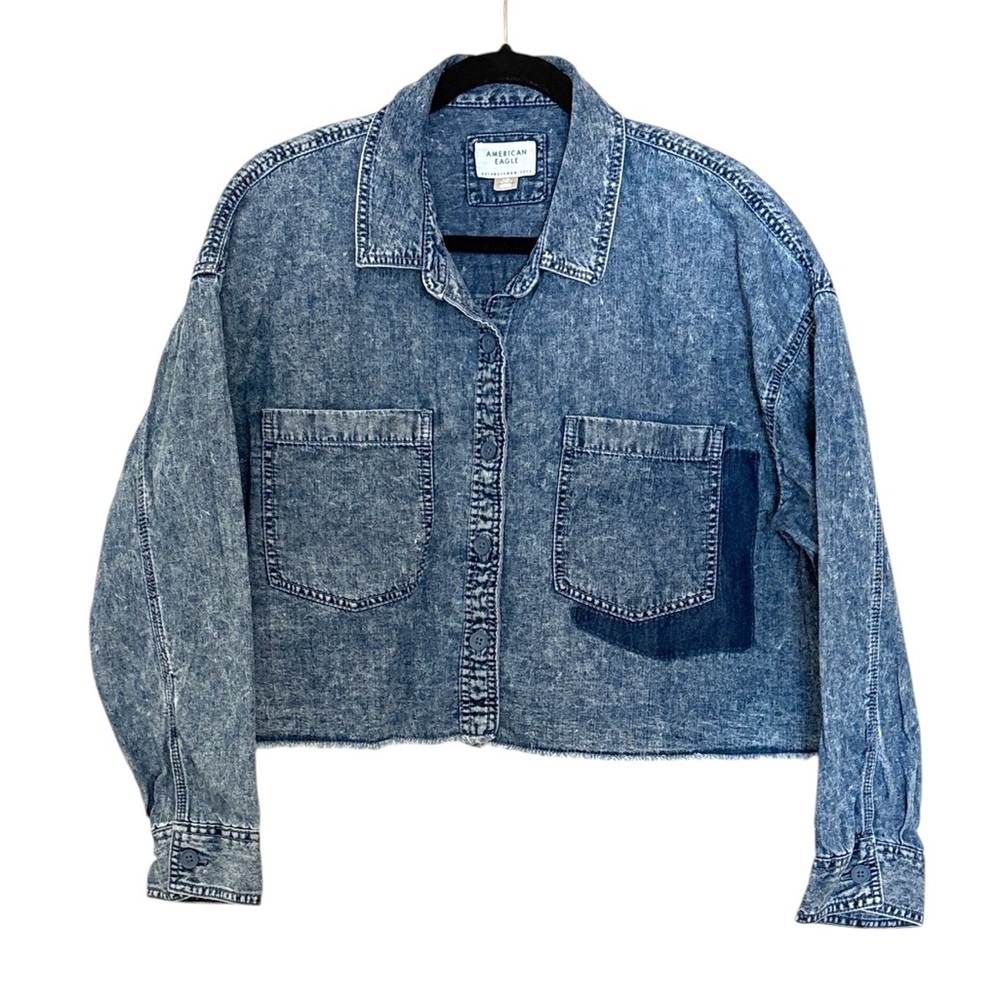 American Eagle Outfitters cropped denim top, raw edge hem, pocket detail,L/XL